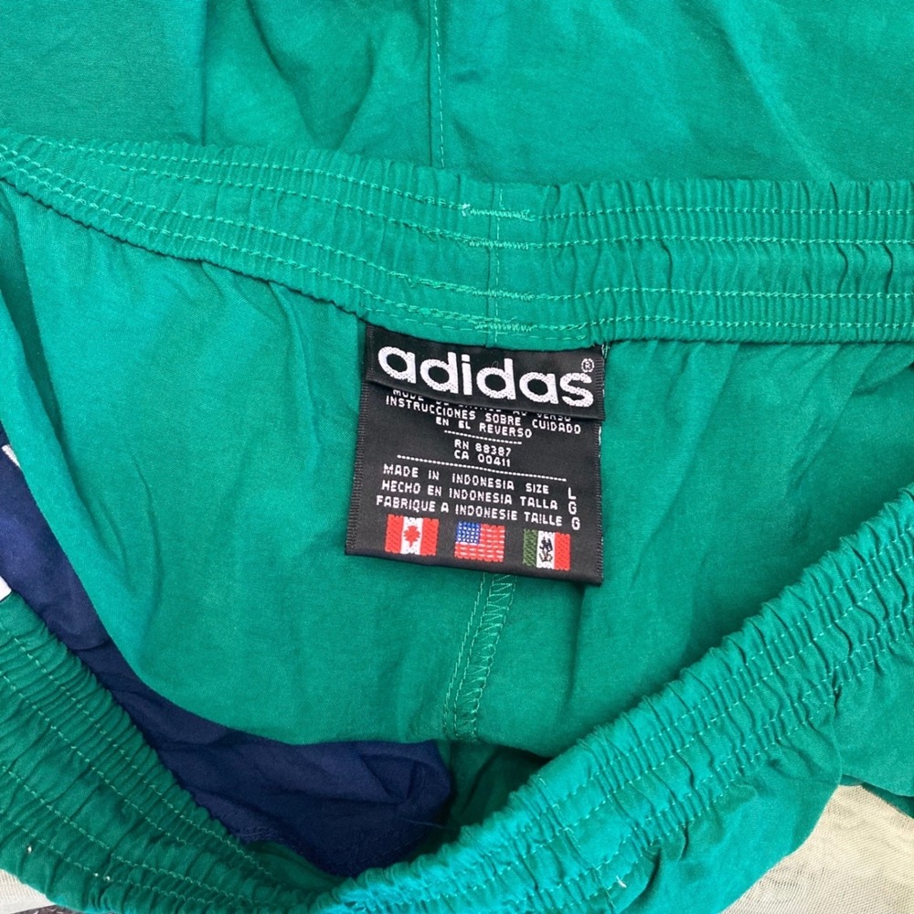 Vintage Adidas Nylon Track Shorts Green Trefoil Logo Mens Large 90s Striped Gym - Picture 2 of 6